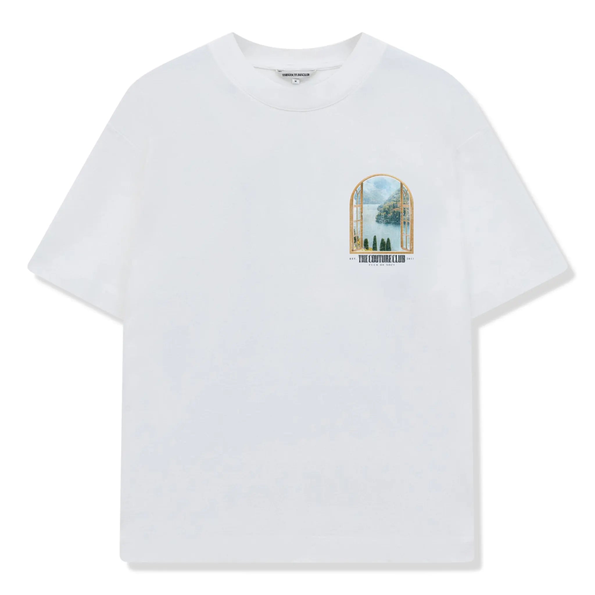 Front View of The Couture Club Lake Como Graphic White T-Shirt